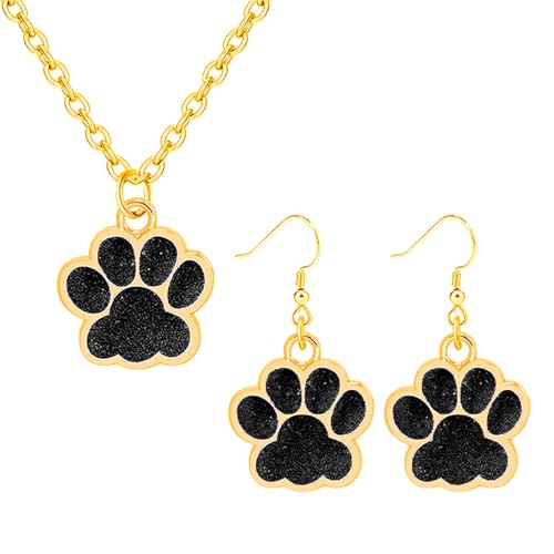 Dreuyet Paw Necklace and Earrings Set for Women Glitter Cute Dog Cat Pet Paw Print Pendant Necklace Earrings Lovely Animal Charm Jewelry Set Gifts - color: Gold Black
