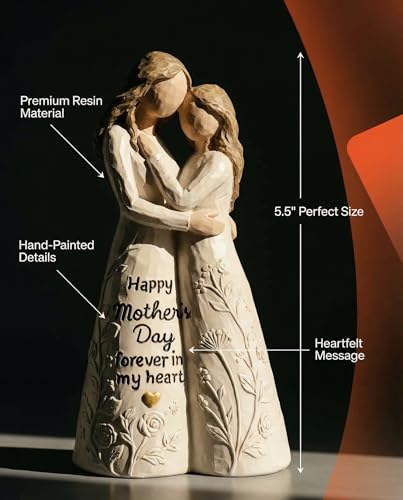 iStatue Best Gift for Mom from Daughter, Hand-Painted Mother and Daughter Figurine - Happy Mother’s Day Forever in My Heart Resin Statue Heartwarming Birthday Gift, Home Decor (Beige)