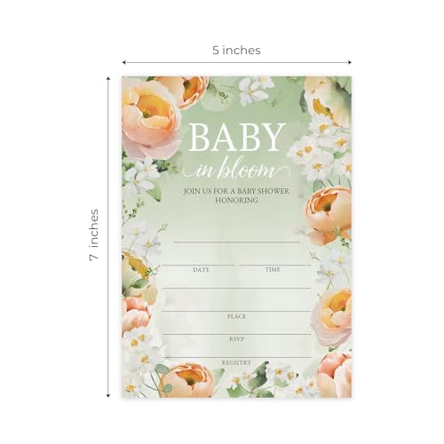 Canopy Street Baby In Bloom Baby Shower Invitations / 25 Floral Gender Neutral Baby Shower Invites With White Envelopes / 5" x 7" Flat Fill In Gender Reveal Invitation Cards/Made In The USA - color: Baby in Bloom