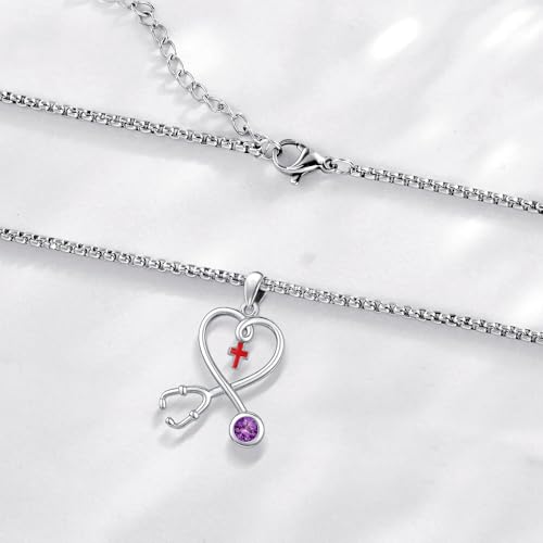 Angel Wings Necklace 925 Sterling Silver Guardian Angel Nurse RN Caduceus Pendant Charm Crystal Angel Jewelry Gifts for Women - style: H-Stethoscope-02-Feb.-Amethyst