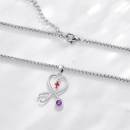 Angel Wings Necklace 925 Sterling Silver Guardian Angel Nurse RN Caduceus Pendant Charm Crystal Angel Jewelry Gifts for Women - style: H-Stethoscope-02-Feb.-Amethyst