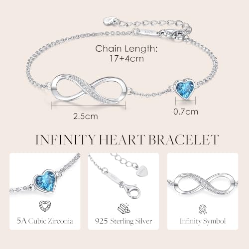 CDE 925 Sterling Silver Infinity Birthstone Bracelet Jewelry Gift for Women | Hypoallergenic,Non Tarnish,Heart CZ,Nickel-Free & Lead-Free,Anniversary Christmas Birthday Idea Gifts for Wife Girlfriend Her - color: 03-Mar.