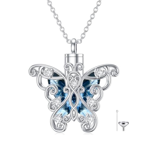 AOBOCO Heart URN Necklace S925 Sterling Silver Cremation Necklaces for Ashes Embellished with Crystals from Austria, Fine Keepsake Memorial Jewelry (Package including a Necklace/Pin/Funnel) - style: C4-Butterfly Ashes Necklace Blue