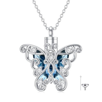 AOBOCO Heart URN Necklace S925 Sterling Silver Cremation Necklaces for Ashes Embellished with Crystals from Austria, Fine Keepsake Memorial Jewelry (Package including a Necklace/Pin/Funnel) - style: C4-Butterfly Ashes Necklace Blue