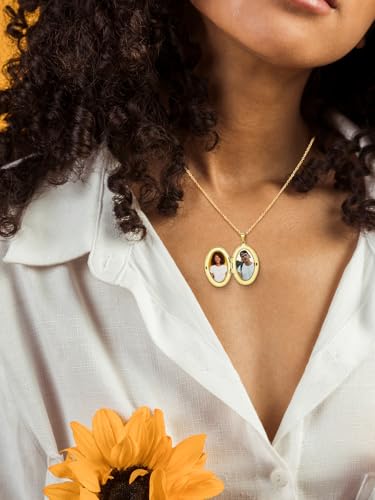 Custom Photo Locket Necklace Women Personalized Text Birth Flower Necklace that Hold Picture Stainless Steel Memorial Jewelry for Mothers Day Christmas - color: Golden