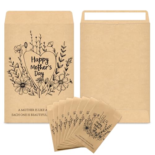 Spakon 50 Pcs Mothers Day Seed Packet Favors Wildflower Happy Mother's Day Self Adhesive Envelopes for Guests Retro Flower Packet Kraft Mini Organizer Decorations for Mom Party Gift Favors, No Seeds