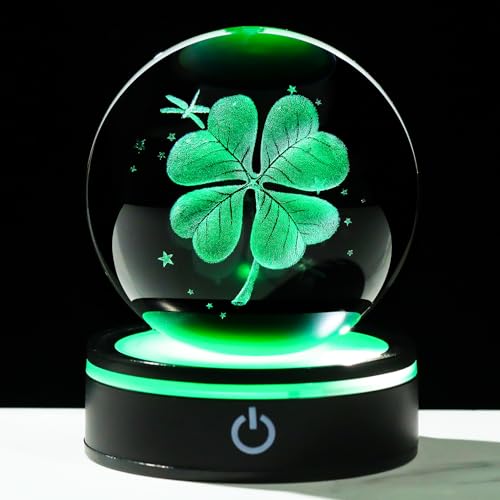 YWHL 3D Crystal Four-Leaf Clover Ball Figurine with Colorful LED Base, Four-Leaf Clover Good Luck Gifts for Women Men on Birthday, Glass Plants Art Statue Decorative Ball for Home Decor (80mm) - color: Four-leaf Clover