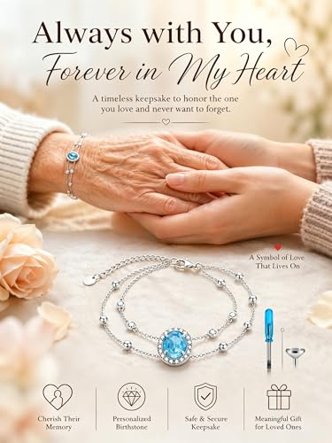 Cremation Urn Bracelets 925 Sterling Silver Double Layered Cremation Ash Bracelet for Ashes with 12 Months Birthstone Urn Jewelry for Women Loved One Animals,Chain Length 7"+2" Extend - color: 03-March