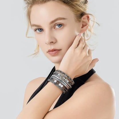 Tree of Life Inspirational Leather Wrap Bracelets Boho Western Cowgirl Cuff - color: Gray Cheetah