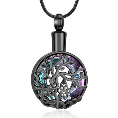 zeqingjw Pet Cremation Jewelry Tree of Life Urn Necklace for Ashes for Dog/Cat Funeral Ashes Keepsake Paw Print Urn Pendant Memorial Jewellery - color: Black-Purple