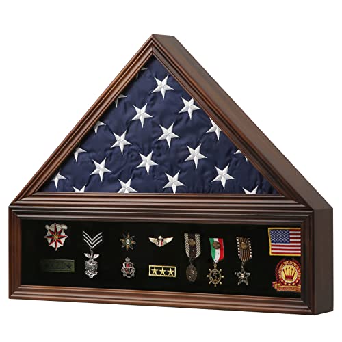Veteran Flag Shadow Box 5x9.5 Solid for Flag Display Walnut Finish | wooden structure,clear real glass,walnut finish,wall tabletop mount,for veteran flag medal coin display - size: Medium-Walnut
