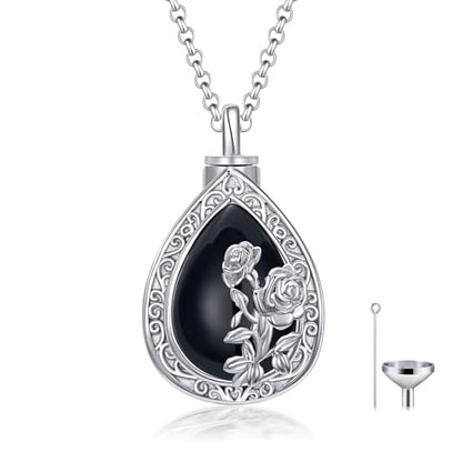 Rose & Daisy Urn Necklace - Sterling Silver Cremation Keepsake Memorial Jewelry - style: Rose Urn Necklace-Black Onyx