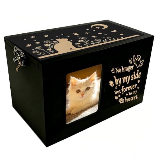 Cat Pet Urn 6.3 x 4.3 x 4.3 Inch Cat Flower Words Pattern Keepsake, Wooden Pet Memorial Box Black Rectangle Storage Containers with Photo Frame for Dog Pet Animal Memorial Remembrance Gift - color: Cat