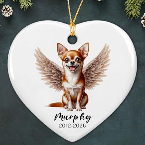 Personalized Chihuahua Brown Remembrance Ceramic Christmas Ornament 2026, Chihuahua Brown Angel Wings Xmas Ornament Keepsake, Customized Year & Name Dog Ceramic Ornament Gift for Sympathy - color: Chihuahua Brown Ornament