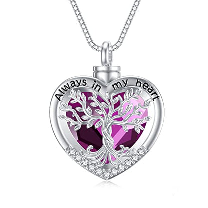TOUPOP Tree of Life Urn Necklaces for Ashes 925 Sterling Silver Heart Cremation Jewelry Memorial Keepsake Jewelry with Funnel Filler for Women Men - color: B-Heart Tree of Life-Purple Crystal