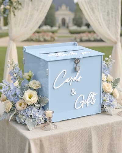 Sky Blue Acrylic Wedding Card Box with Lock, 10" Card Holder with Slot | Card Box for Reception, Bridal & Baby Shower, Birthday, Graduation Party, Decorative Keepsake Gift Box, 3D Sign, 10*10*8 inch - color: Sky Blue