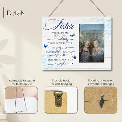 Sister Memorial Bereavement Wooden Picture Frame Gifts for Loss of Sister, Always By My Side Sympathy Gifts, Fits 4x6 Photo Frame - color: Blue-sister