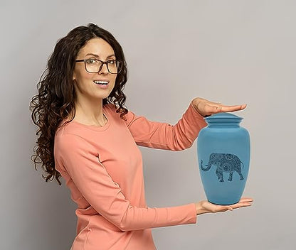 Indian Elephant Cremation Urn for Human Ashes - Handmade Cremation Urn - Adult Burial Urn - Blue Urn with Spiritual Design - Comes with Bag - color: Indian Elephant, size: 1 Large Urn