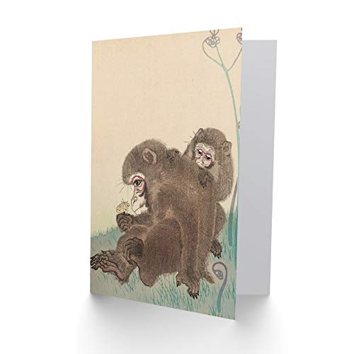 Artery8 Ohara Koson Two Monkeys With Butterfly Painting Fine Art Greeting Card Plus Envelope Blank Inside - color: Two Monkeys