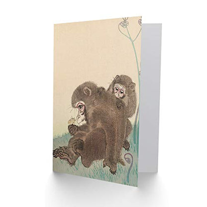Artery8 Ohara Koson Two Monkeys With Butterfly Painting Fine Art Greeting Card Plus Envelope Blank Inside - color: Two Monkeys