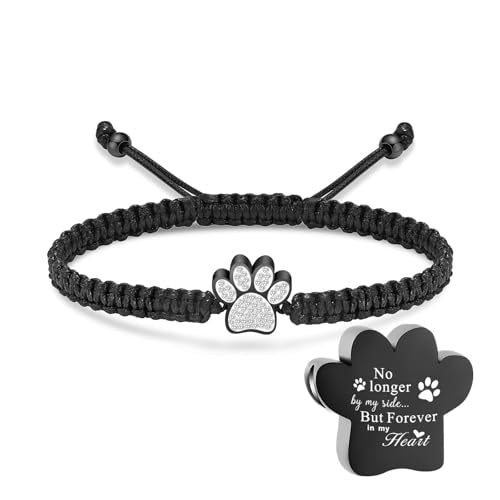 Hearbeingt Paw Print Urn Bracelet for Ashes Pet Cremation Jewelry | Stainless Steel,Adjustable Braided Rope,Mini Ash Holder for Dog Cat,Memorial Keepsake Jewelry, Bereavement Gift Pet Loss - color: A-Black