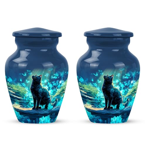 Yatskia Cat with Blue Butterflies Little Funeral Keepsake Urns for Human Ashes Adult Brother and Sister, Cremation Burial Urn for Adult Ashes, (Classic Pack of 2, 3 Inch) - color: #4 Cat, size: 3 Inch (Pack of 2)