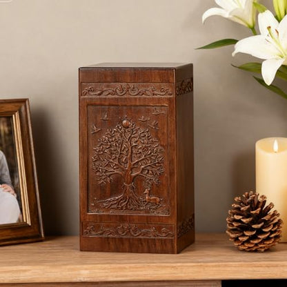 Wooden Urn for Ashes Adult Male Female, Cremation Urns for Human Ashes Adult Men Women, Decorative Burial Funeral Memorial Urn Box Holds 250 Cubic Inches, Tree of Life