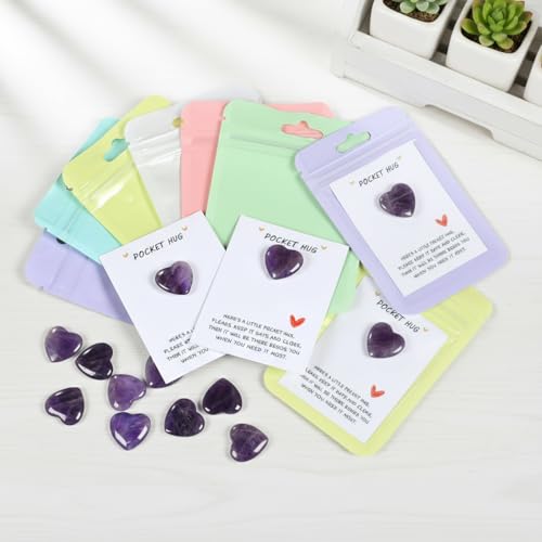 28 Sets Bulk Pocket Hug Amethyst Heart Worry Stone Keepsake Exchange Relationship Cards for Colleagues Family Distance Social Celebration of Life Gift - color: Amethyst