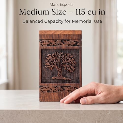 Wooden Cremation Urns Box for Human Ashes, Memorial Keepsake Boxes for Adults, Male/Female,Child, Pets Dog Cat Wood Burial Funeral Container (Tree of Life) Urn, Capacity (Medium (115 lbs- 55 kg) - size: Medium