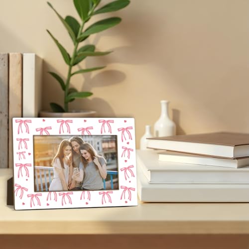 Pink Bow Picture Frame, Birthday Gifts for Sisters Girl Mom Friends Women, Wooden Picture Frame Fits 4x6 Inch Photo, Home Office Desktop Nightstand Display -071 - color: Pink Bow