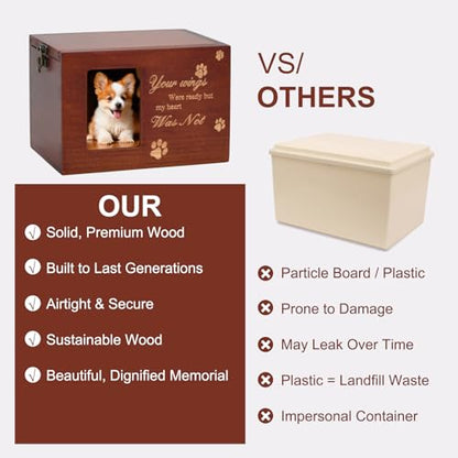 Pet Memorial Urns for Dog or Cat Ashes, Large Wooden Funeral Cremation Urns with Photo Frame, Keepsake Memory Box with Flannel Lining (Brown)