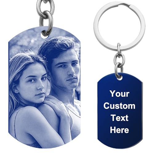 Photo Keychain Custom Picture Keychain Customized Gifts Laser-Engraved/Color Gifts For Boyfriend Hubsand Wife - color: Engraving (Black&white): Photo + Text (Blue)