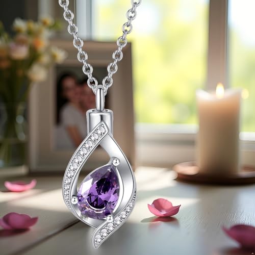 Teardop Cremation Jewelry Urn Necklace for Human Pet Ashes CZ Heart Stainless Steel Urn Pendant Memorial Jewelry Sympathy Gift - color: purple