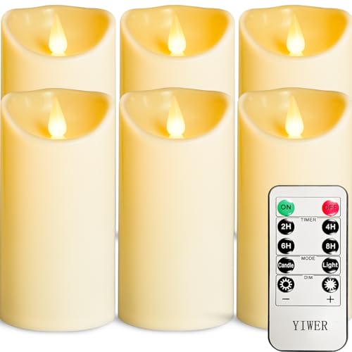 YIWER Plastic Battery Operated Candles,Pack of 6 Flameless LED Candle with 10 Key Remote and Timer Electric Fake Flickering Light D3”H6” Last 200 Hour - color: D3"-Plastic, size: 6PCS