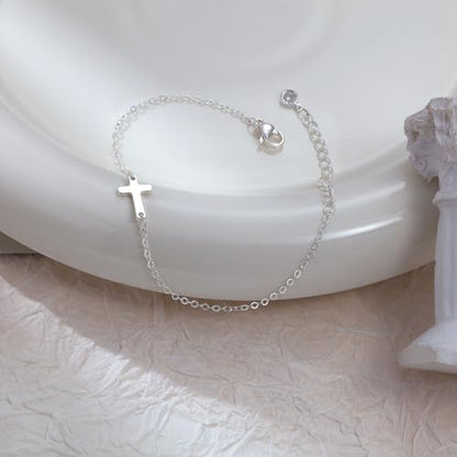 Moodear Cross Bracelet for Women, Dainty Sterling Silver/Gold Plated Gift | Christian Religious Gifts for Teen, Stocking Stuffers, Adjustable Link Bracelets, Sparkling CZ Cross, Non Tarnish Jewelry - color: Silver Cross Bracelet
