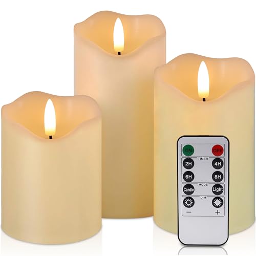 VIEWELLD Flickering Flameless Candles with Remote and Timer, Realistic LED Candles, Battery Operated Candles for Christmas Home Wedding Birthday Decoration, Real Wax Set of 3(Ivory White) - color: Ivory White(melted-top)
