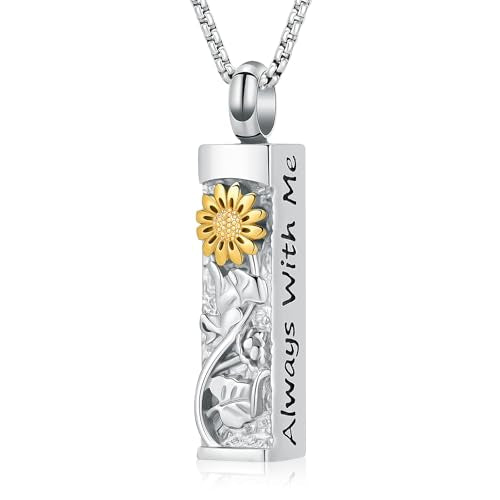 Sunflower Urn Necklace for Ashes Cylinder Ashes Pendant Flower Celtic Cremation Jewelry Keepsake Urn Pendant Vial Memorial Jewelry for Ashes for Women Men Always with Me - color: Gold