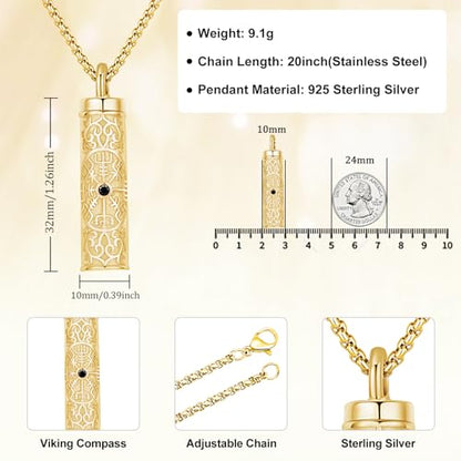 Aniu S925 Sterling Silver Urn Necklace Cremation Jewelry for Ashes - color: Gold-Viking Compass - A