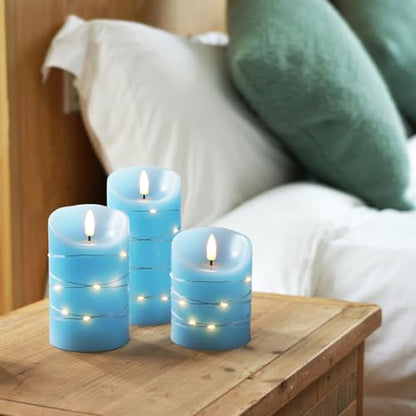 Homemory Flameless Candles with String Lights, 3 Pack Embedded Fairy String Lights LED Candles, Electric Flickering Candles with Remote Control and Timer, Real Wax, Blue - color: Blue