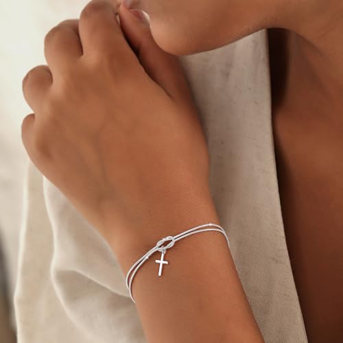 Moodear Cross Bracelet for Women, Dainty Sterling Silver/Gold Plated Gift | Christian Religious Gifts for Teen, Stocking Stuffers, Adjustable Link Bracelets, Sparkling CZ Cross, Non Tarnish Jewelry - color: Snake Silver Knot Cross Bracelet