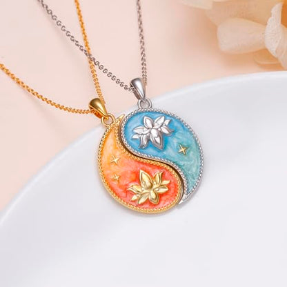 FLYOW S925 Sterling Silver Best Friend Couple Pendant Friendship Sun Moon Lotus Yin Yang Matching Bff Necklace for Women Jewelry - style: Lotus Yin Yang