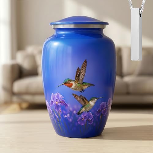 Set of 2 Blue Hummingbird Decorative Funeral Urns for Ashes Adult Male & Female Includes 1 Large Urn & 1 Silver NecklaceUrn - color: Blue Hummingbird - Single