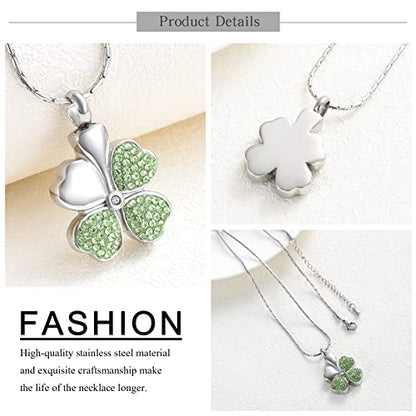 constantlife Cremation Jewelry Memorial Urn Necklace for Ashes Lucky Four-Leaf Clover Design Stainless Steel Pendant Keepsake - color: Silver+Light Green