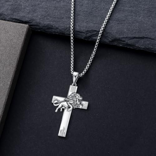 PROESS Cross Necklace for Women Men Sterling Silver Rose/Sunflower Cross Pendant Religious Jewelry Christmas Birthday Mothers' Day Gifts - color: 01-09-Leo