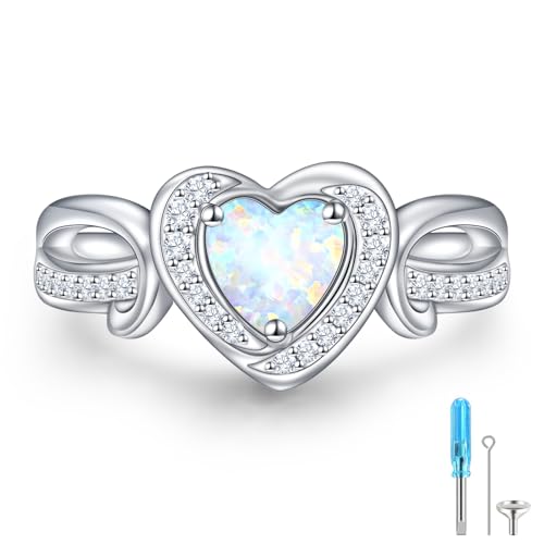 Heart Urn Rings for Ashes for Women 925 Sterling Silver Synthetic Opal Cremation Rings Urn Jewelry for Ashes of Loved Ones - color: White