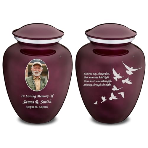 Embrace Adult Personalized Doves Cremation Urns for Human Ashes I Large Picture Cherry Purple Funeral Urn for Adult Men and Women with Double Side Engraving I 200 lbs - color: _Cherry Purple (Double Sided)