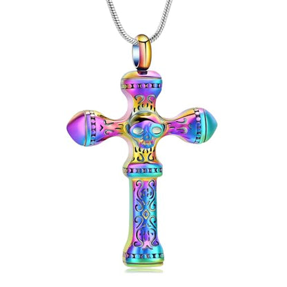 Skull Cross Cremation Jewelry Retro Skull Urn Necklaces for Ashe Stainless Steel Memorial locket Keepsakes Jewelry Human Ash Pendant Jewelry for Men Women - color: Rainbow
