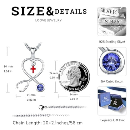 Angel Wings Necklace 925 Sterling Silver Guardian Angel Nurse RN Caduceus Pendant Charm Crystal Angel Jewelry Gifts for Women - style: H-Stethoscope-12-Dec.-Tanzanite