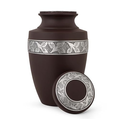 Maroon Cremation Urn for Human Ashes, 11 in. H | Aluminum, hand-carved, silver engraved bands, maroon finish, adult capacity, screw-top lid, 11"H x 7" diameter - color: Maroon & Silver, size: 7x11
