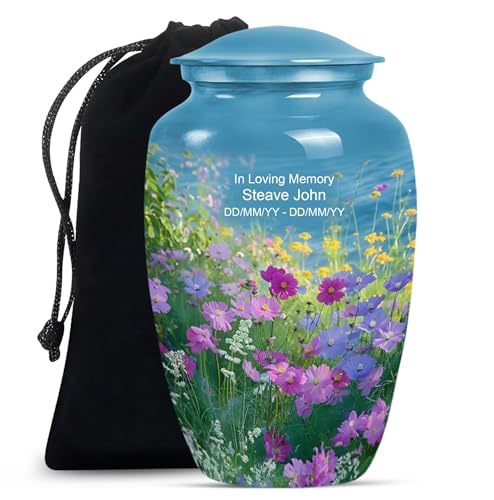 Personalized Flower - Adult Urns For Human - Memorial Urn For Male & Female - 10 Inch - Large With Velvet Bag - Funeral Urns Ash - Human Remains Urn - Decorative Urns For Ashes - Burial Urns